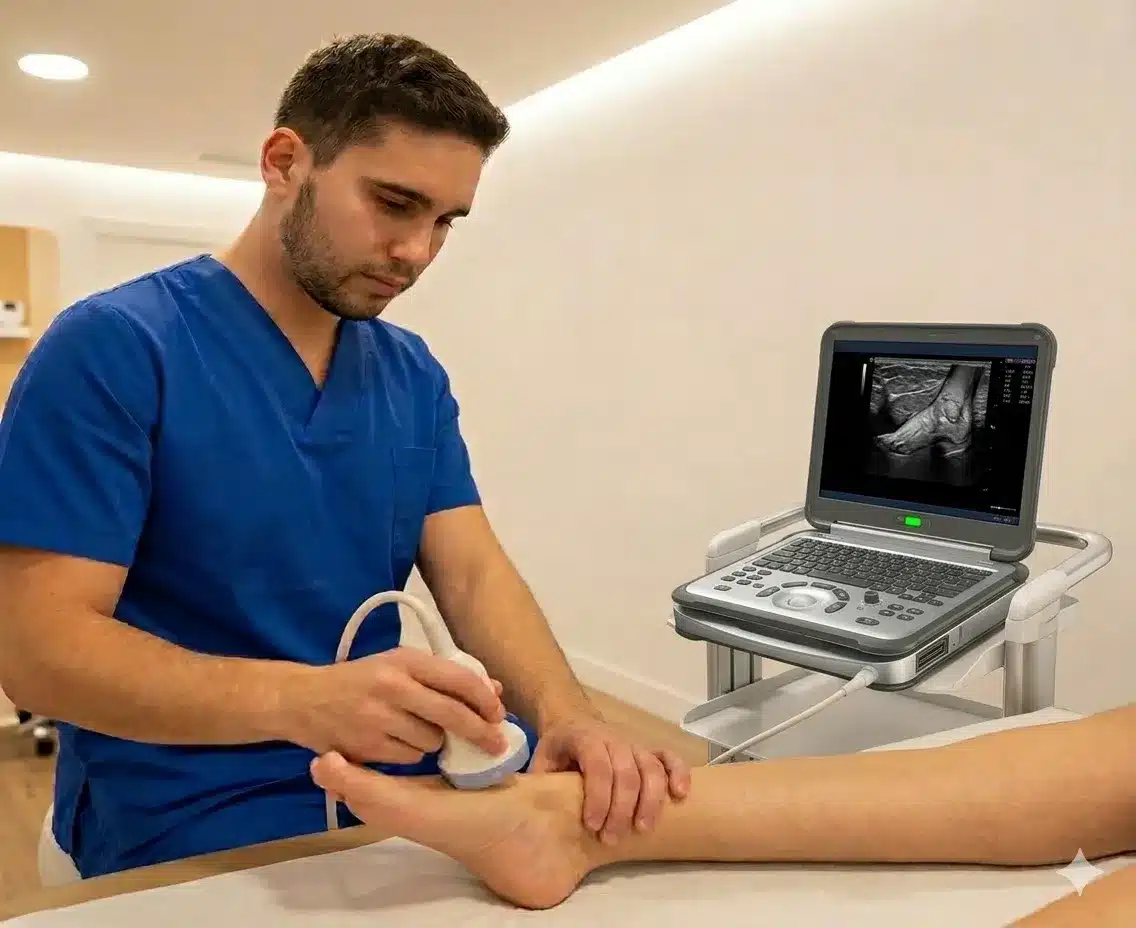 Dr. Javier López-Tola realizando una ecografía diagnóstica de pie en Clínica Remedios Colmenar Viejo